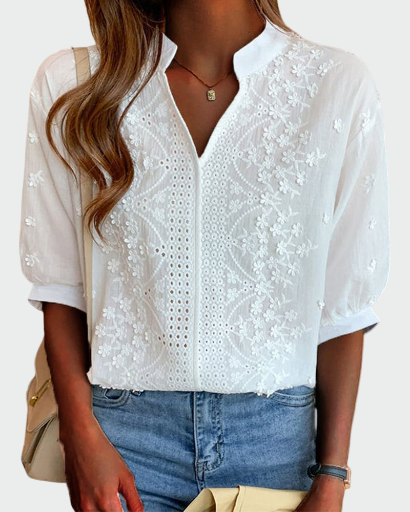 Shirt with Lace Details and Puff Sleeves