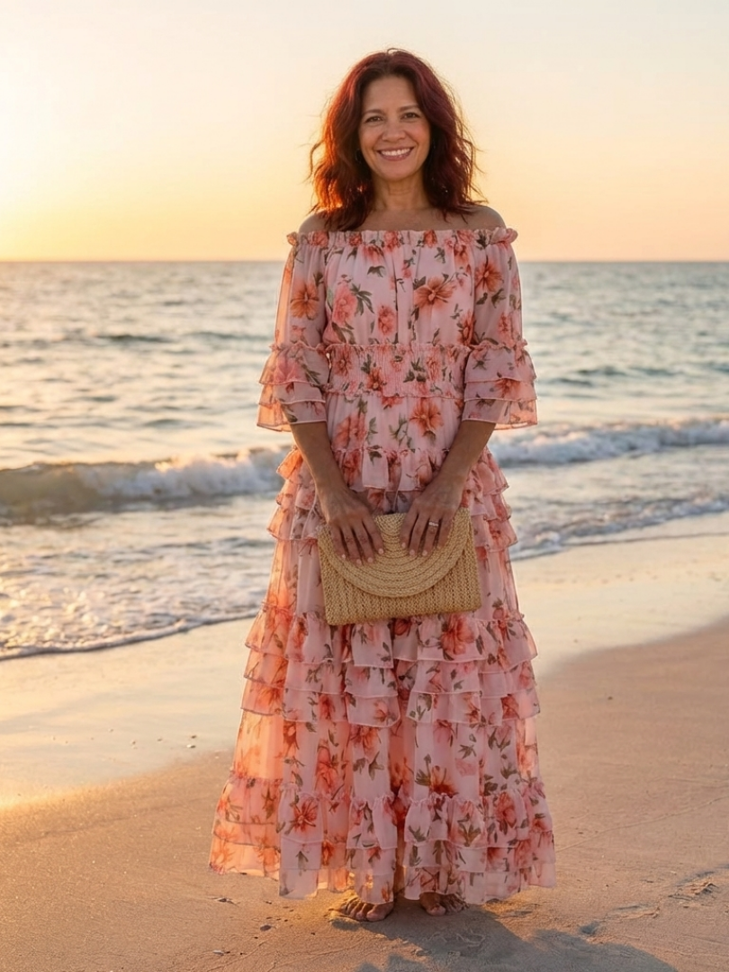 Rosalie | Rochie Maxi cu Flori și Volane pe Umeri