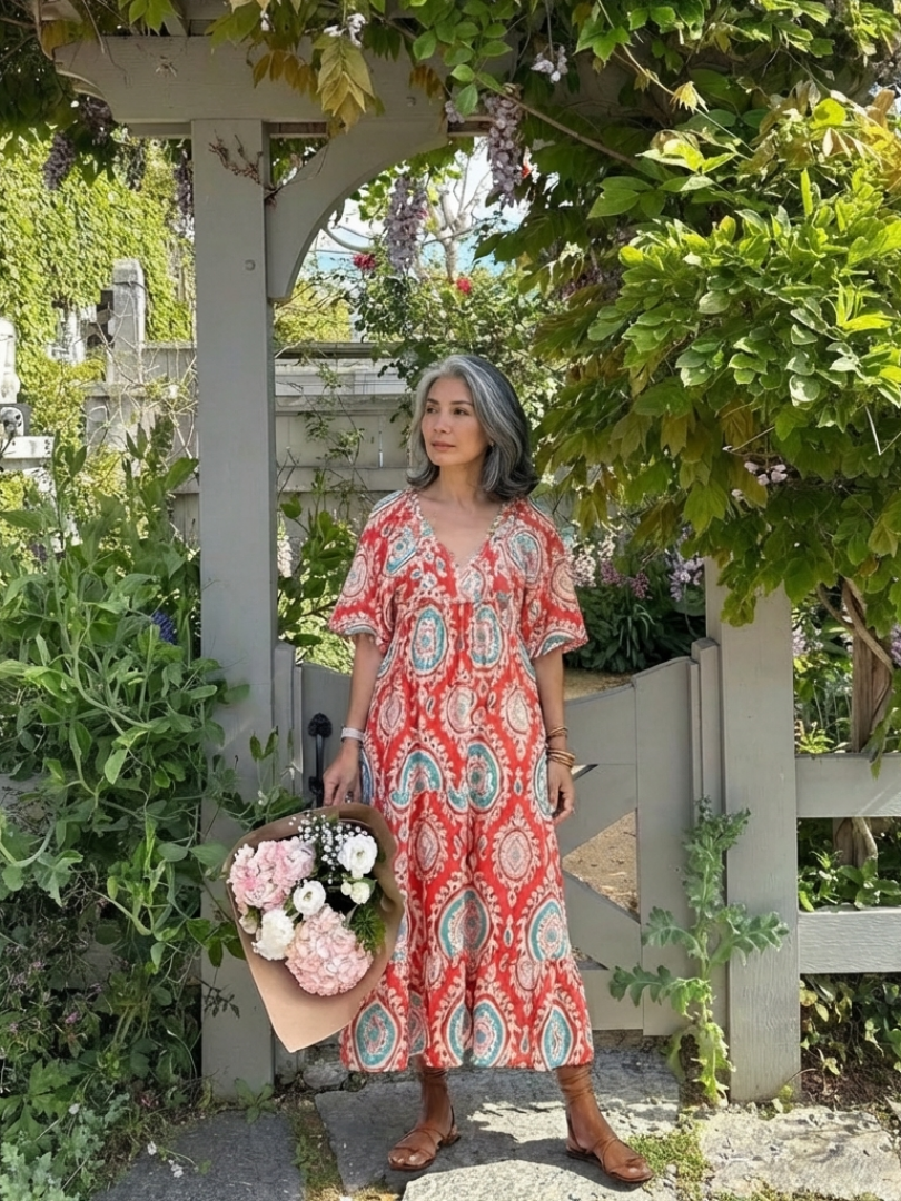 Zaria | Rochie midi cu decolteu în V și mâneci scurte, imprimeu paisley