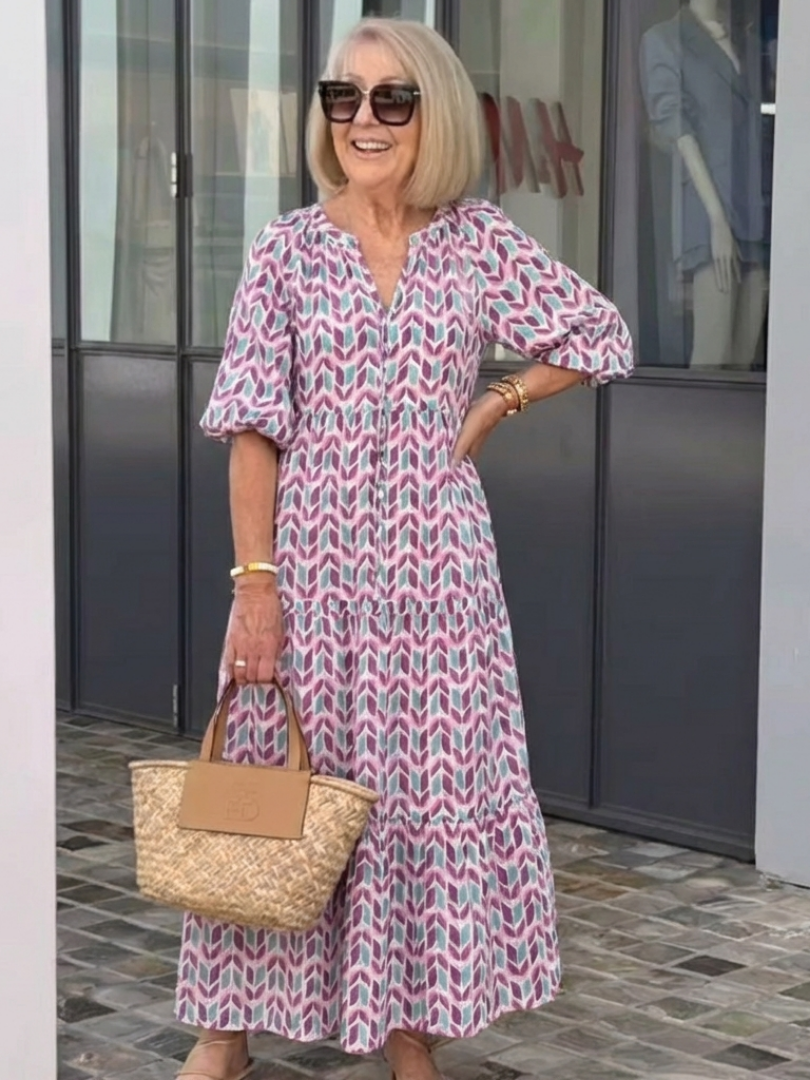 Mireya | Rochie midi cu mânecă lungă și imprimeu geometric