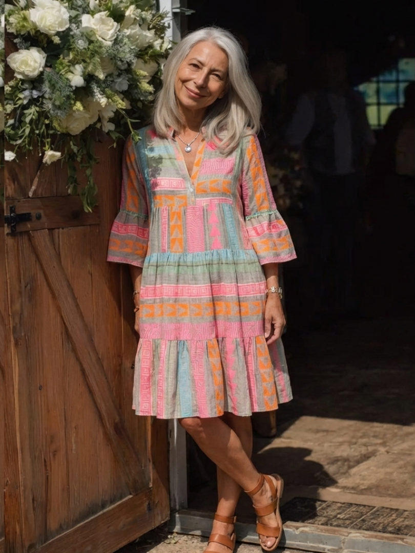 Maelle | Rochie cu imprimeu geometric, decolteu în V, lungime până la genunchi