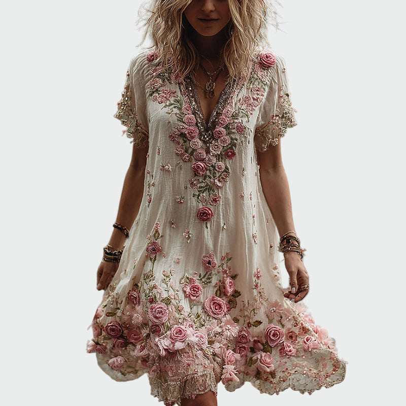 Rochie în stil vintage cu mâneci scurte și broderie florală elegantă