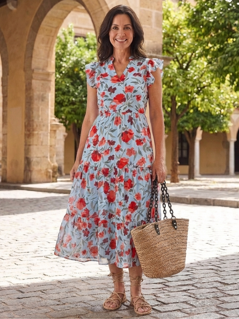 Lila | Rochie midi cu decolteu în V și flori