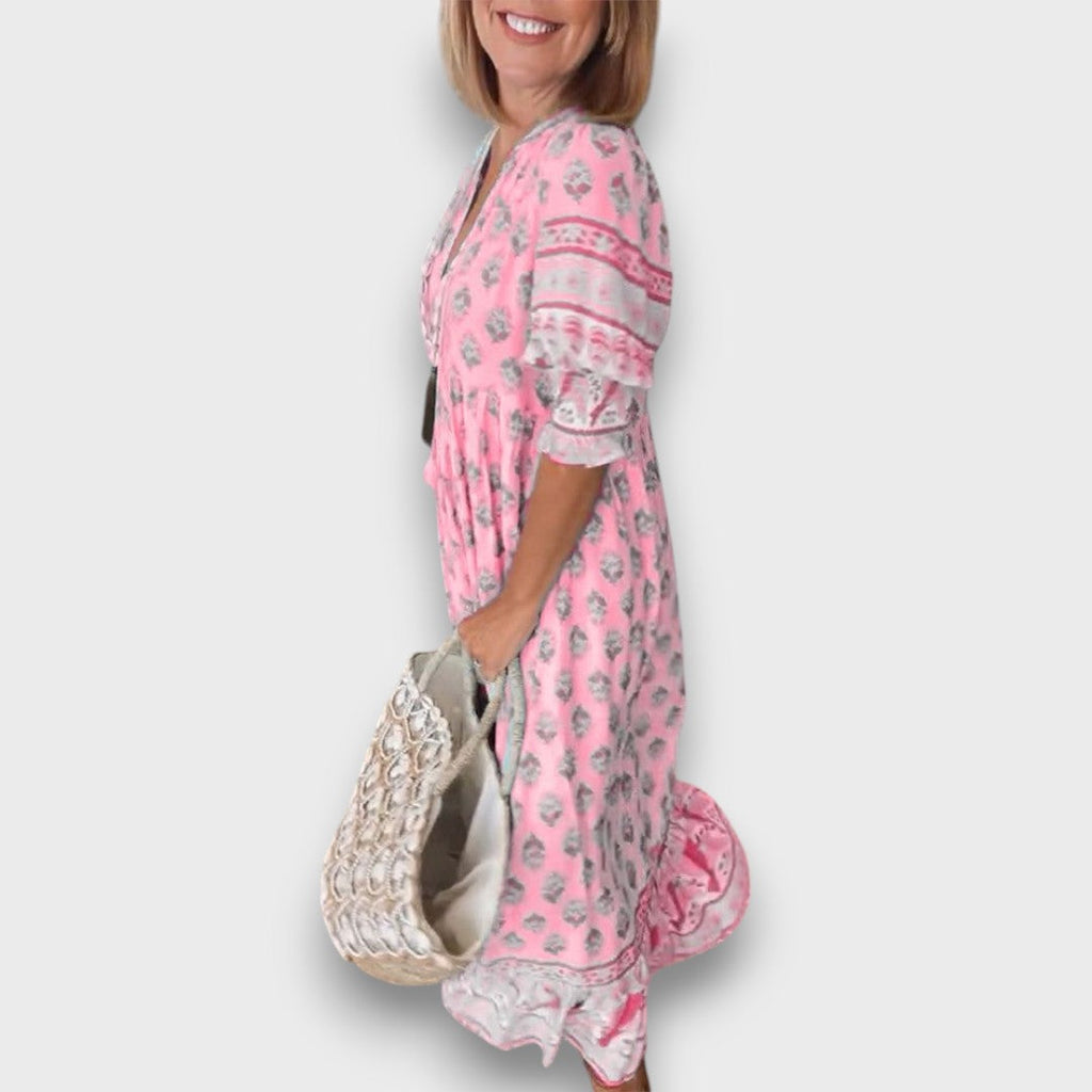 Boho Dress with 3/4 Sleeves and V-Neck with Decorative Ties