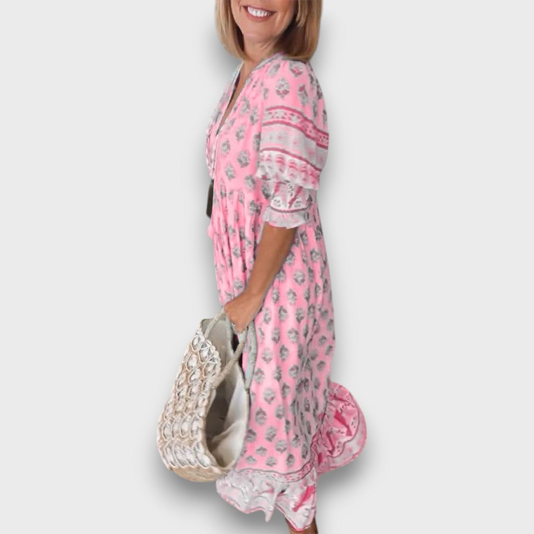 Boho Dress with 3/4 Sleeves and V-Neck with Decorative Ties