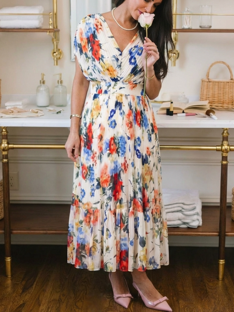 Savannah | Rochie Midi Florală Plisată cu Mâneci Scurte