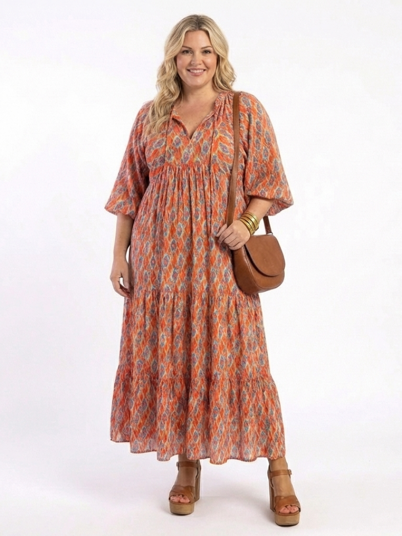Amara | Rochie Midi cu Imprimeu Geometric și Decolteu în V