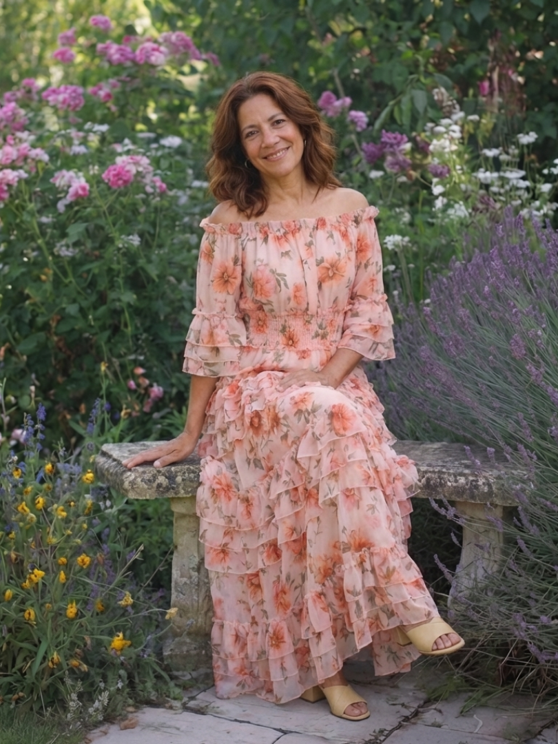 Rosalie | Rochie Maxi cu Flori și Volane pe Umeri