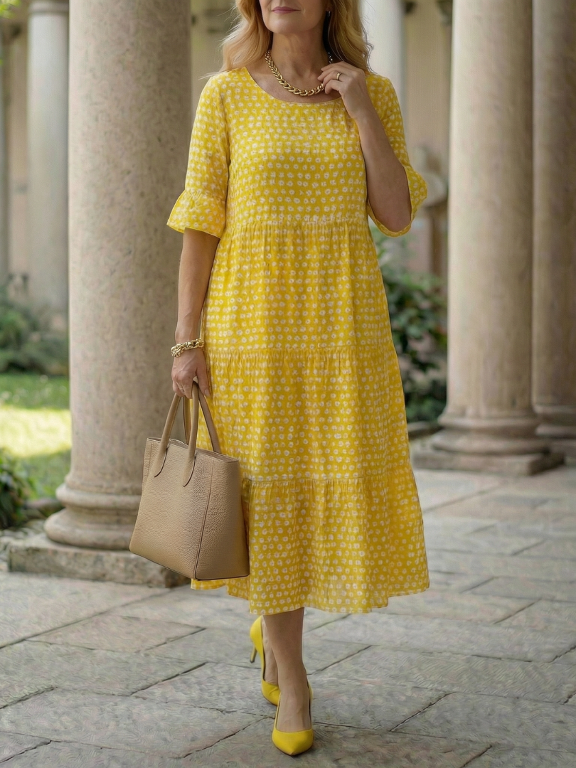 Arlo | Rochie Midi Cu Puncte, Stratificată, Mâneci Scurte