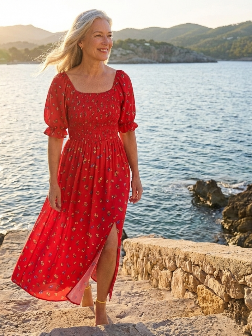 Delphine | Rochie Midi cu Guler Patrat și Mâneci Puff Florale