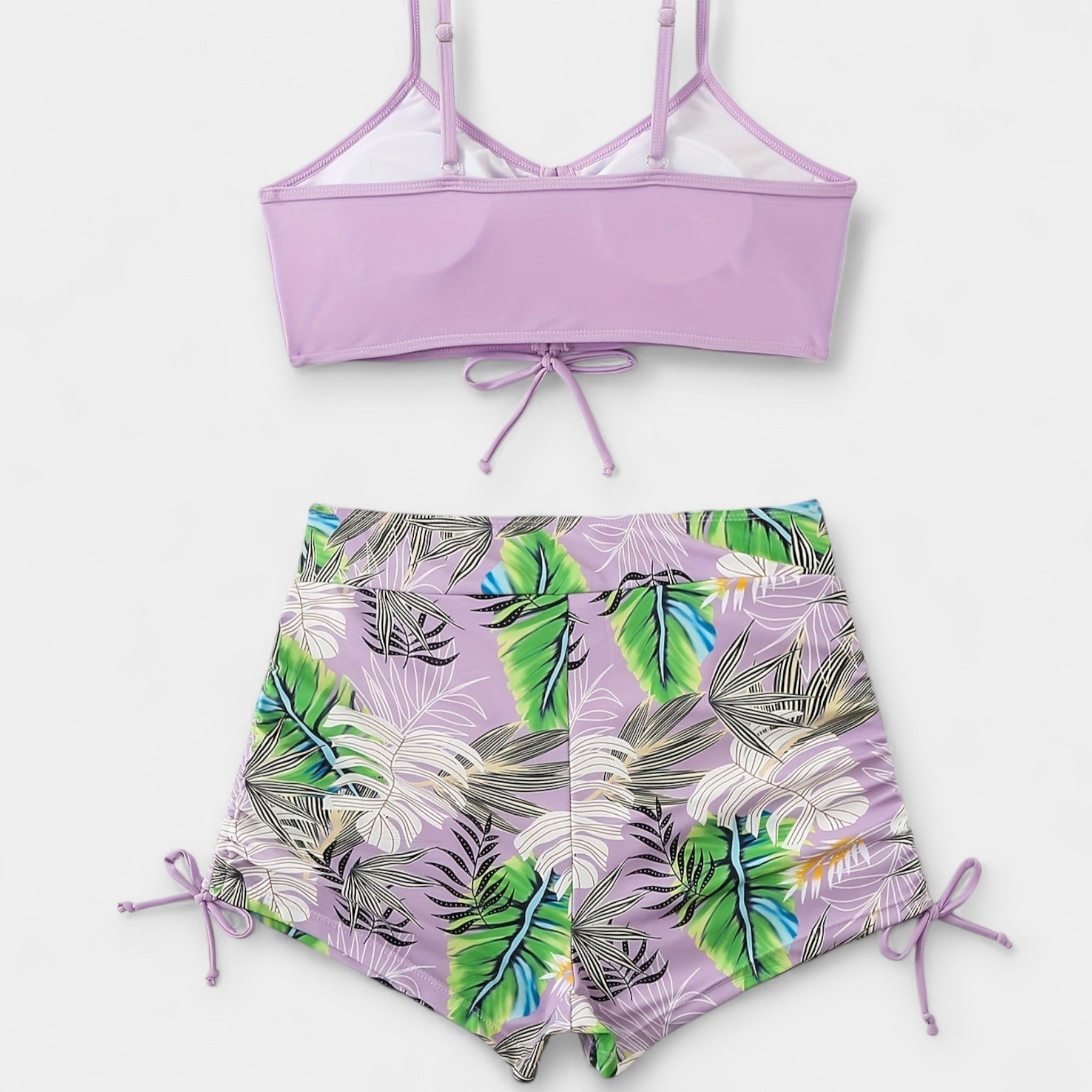 High-Waisted Bikini with Tropical Pattern and Straps
