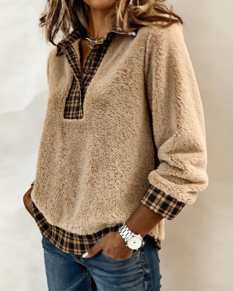 Top with Checkered Collar and Solid Patchwork