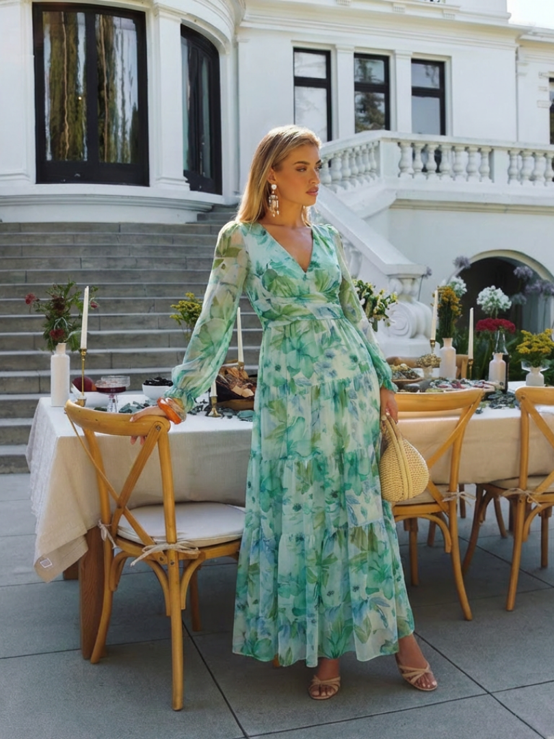 Althea | Rochie Maxi Floral cu Mâneci Lungi