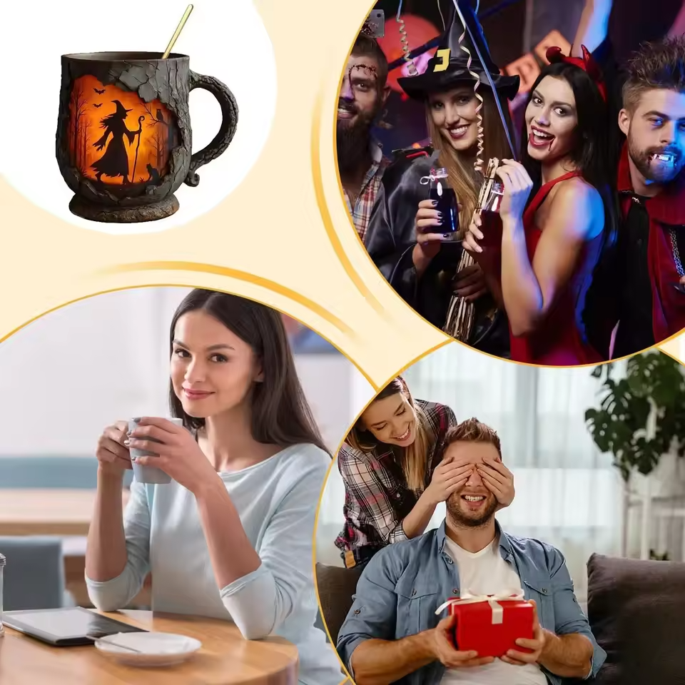 Cana Artisan 3D de Halloween cu Vrăjitoare și Pisică