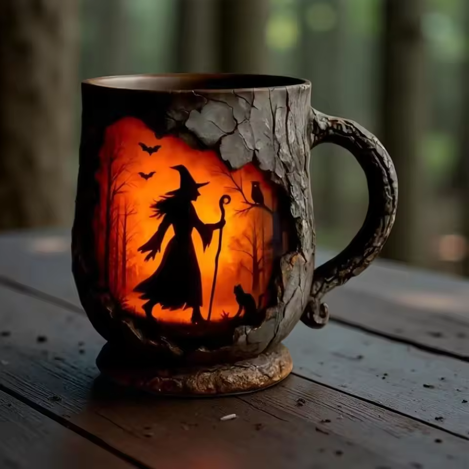 Cana Artisan 3D de Halloween cu Vrăjitoare și Pisică