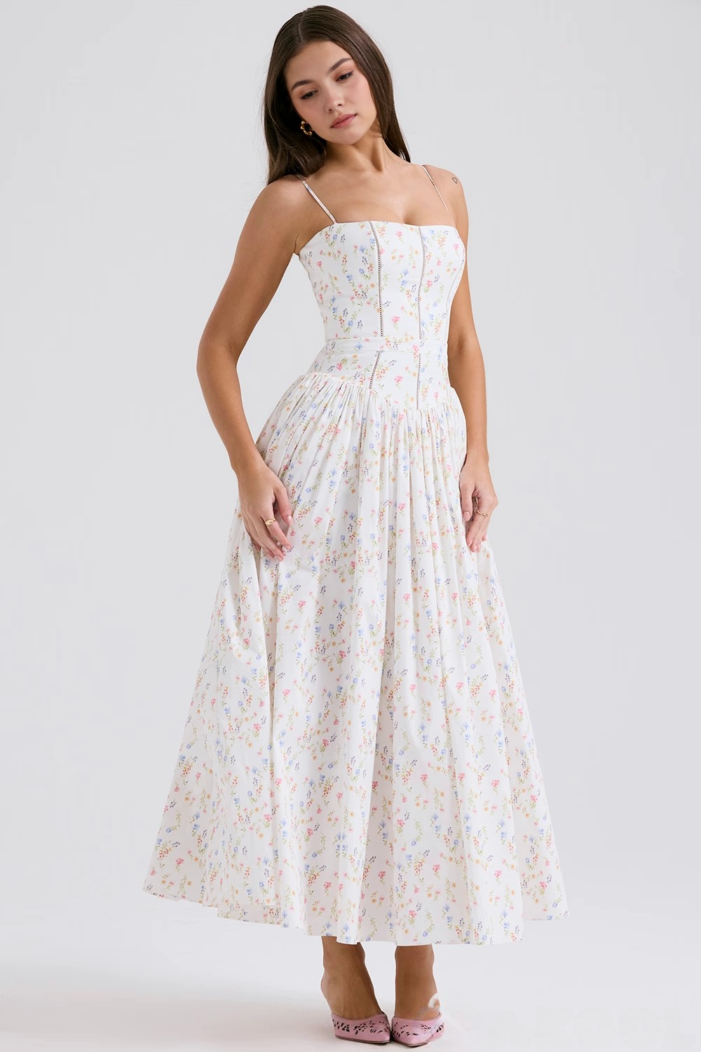 Maxi Dress with Thin Straps and Floral Pattern