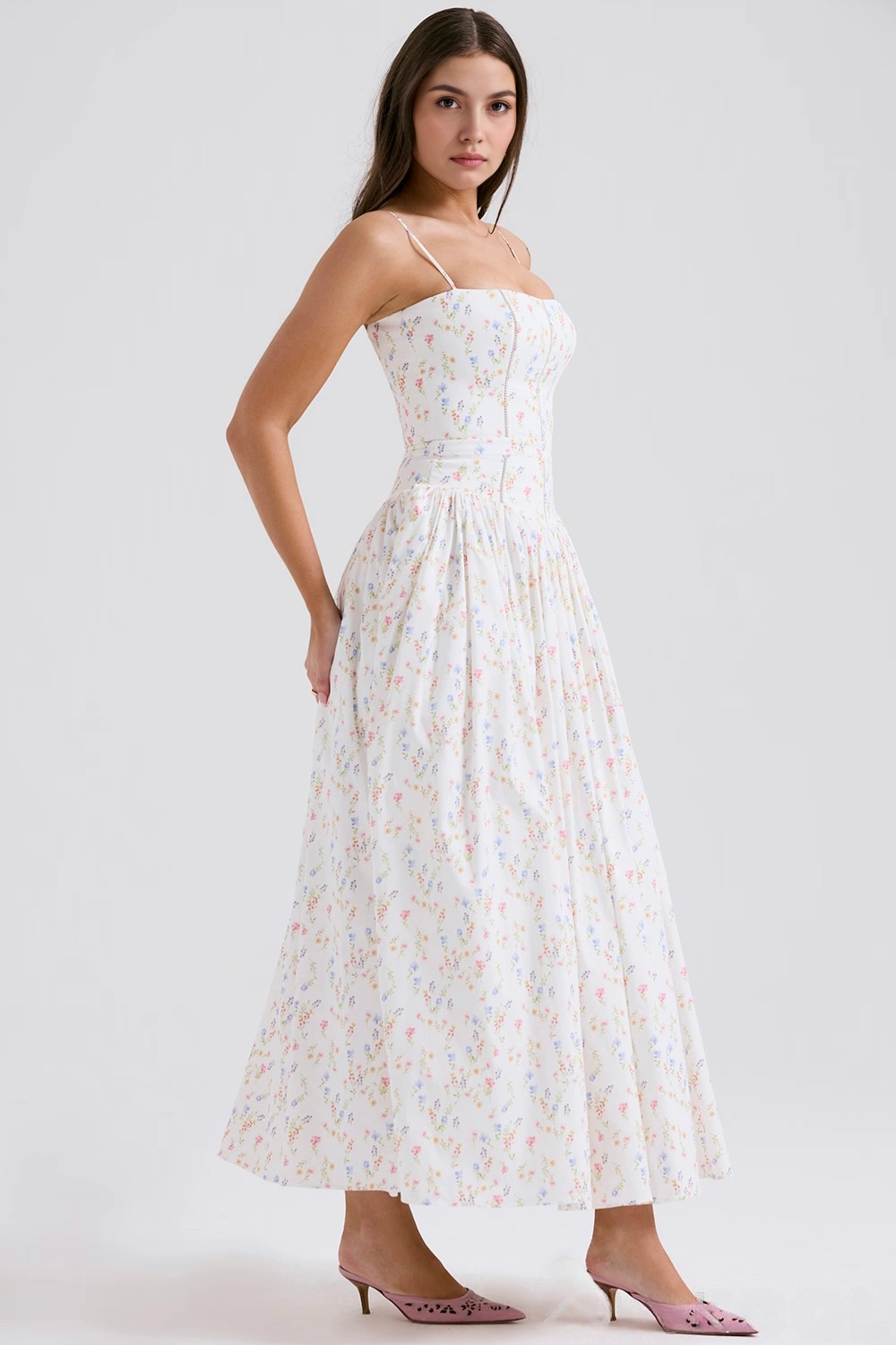 Maxi Dress with Thin Straps and Floral Pattern