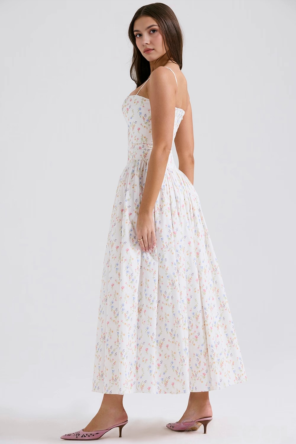 Maxi Dress with Thin Straps and Floral Pattern