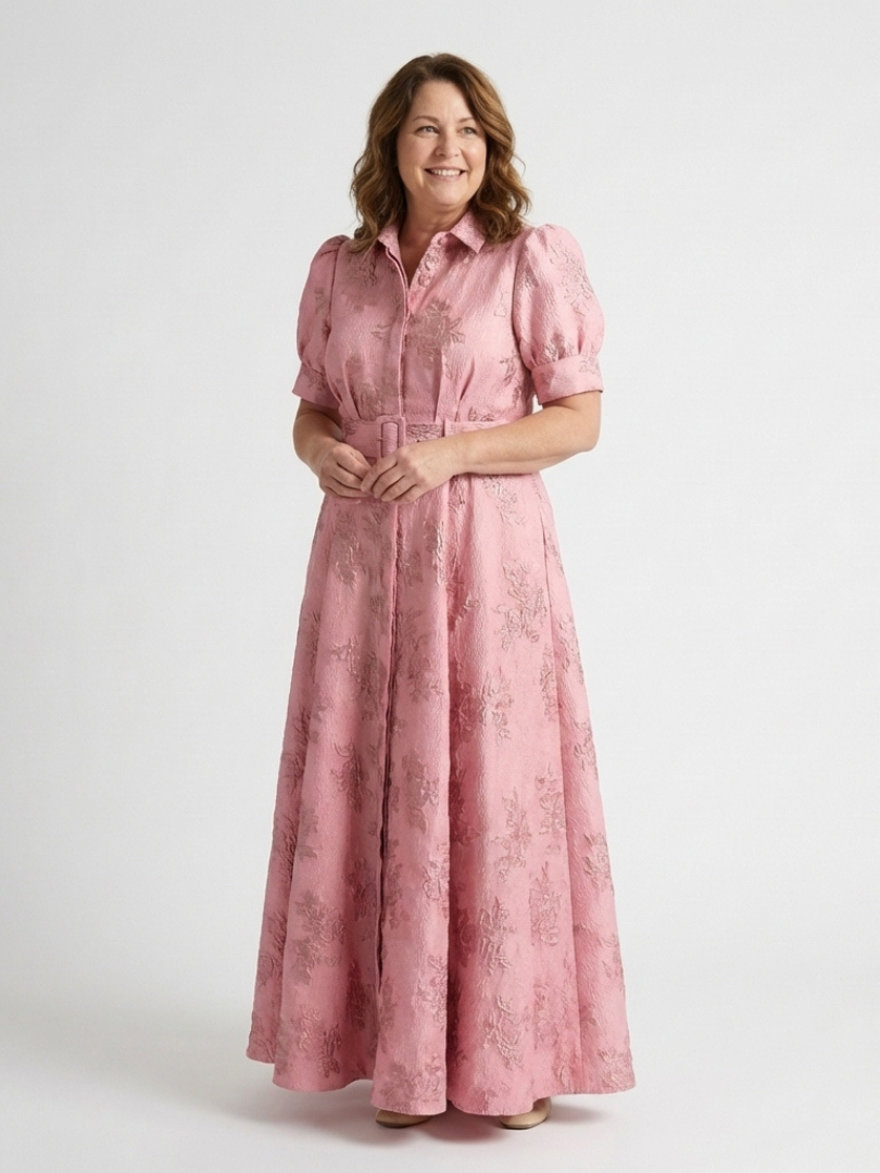 Xanthea | Rochie maxi cu mâneci scurte, cu curea și textură florală