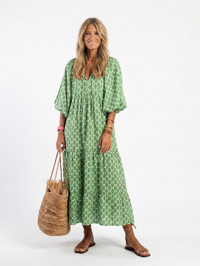 Apolline | Rochie midi cu mânecă trei sferturi și decolteu în V, cu model
