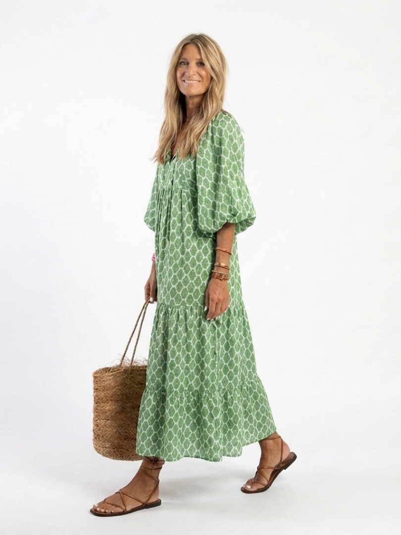 Apolline | Rochie midi cu mânecă trei sferturi și decolteu în V, cu model