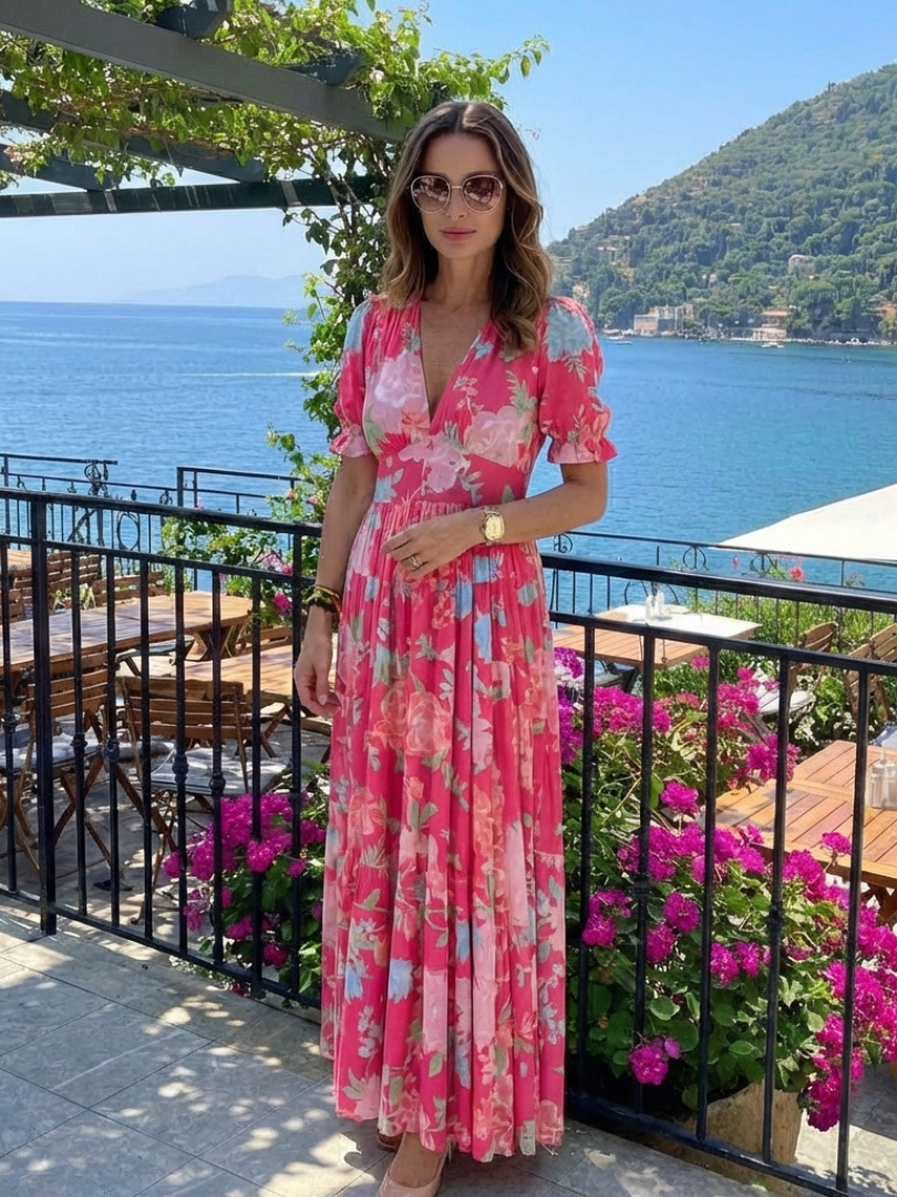 Ione | Rochie midi cu mânecă scurtă și decolteu în V cu flori