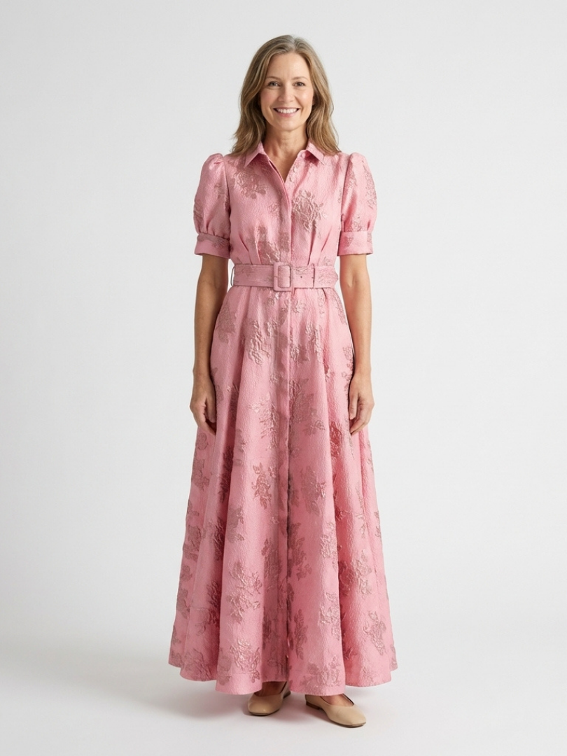 Xanthea | Rochie maxi cu mâneci scurte, cu curea și textură florală