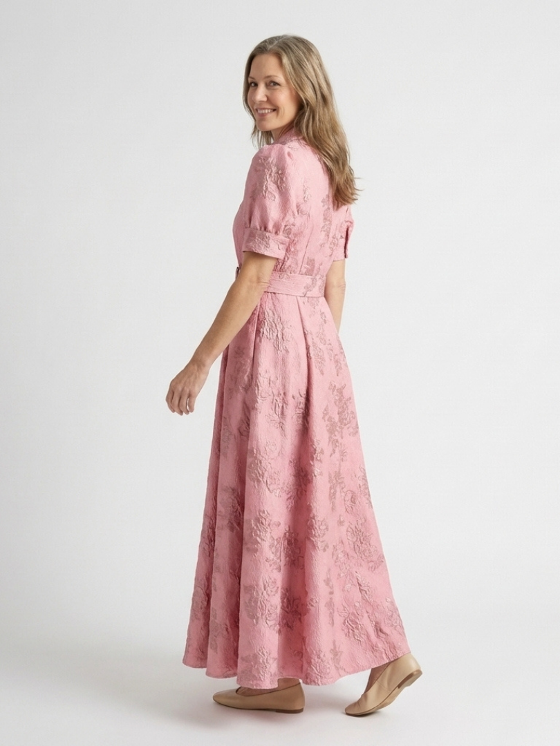 Xanthea | Rochie maxi cu mâneci scurte, cu curea și textură florală