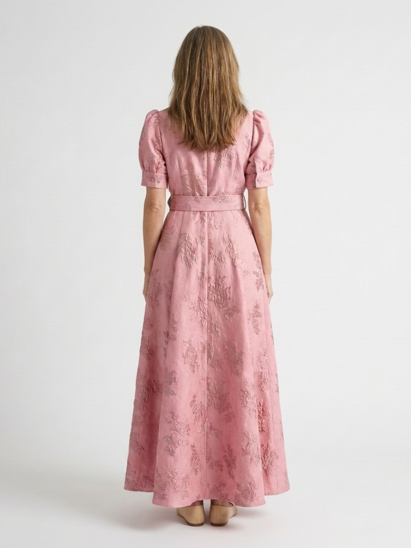 Xanthea | Rochie maxi cu mâneci scurte, cu curea și textură florală