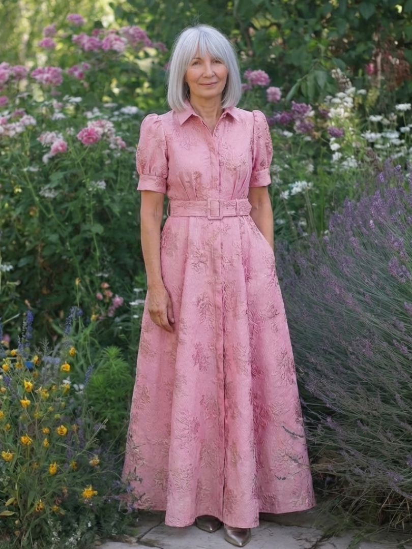 Xanthea | Rochie maxi cu mâneci scurte, cu curea și textură florală