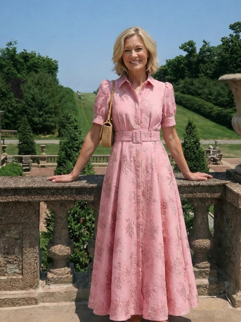 Xanthea | Rochie maxi cu mâneci scurte, cu curea și textură florală