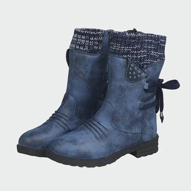 Victoria | Blue Suede Ankle Boots with Knitted Detail