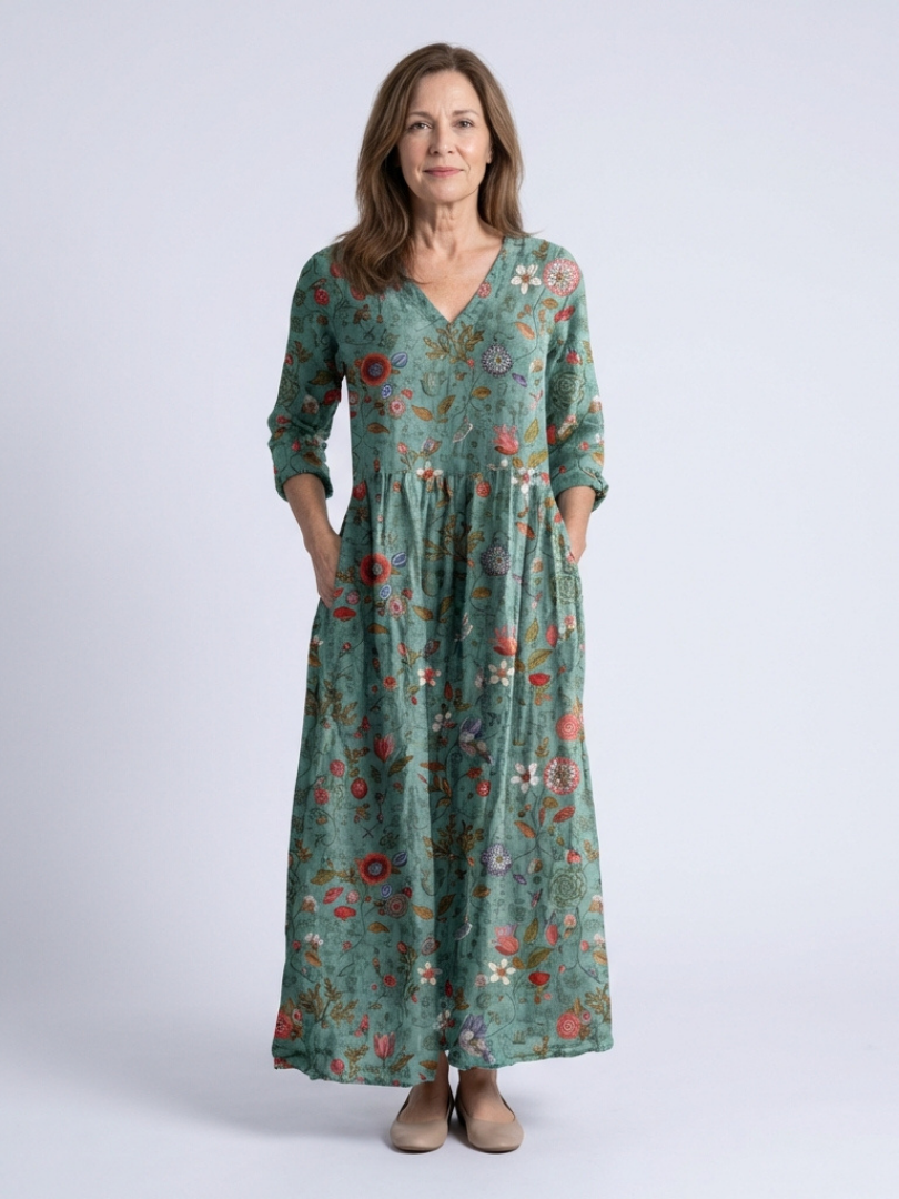 Marina | Rochie Maxi cu Mâneci Trei Sferturi și Decolteu în V cu Model Floral