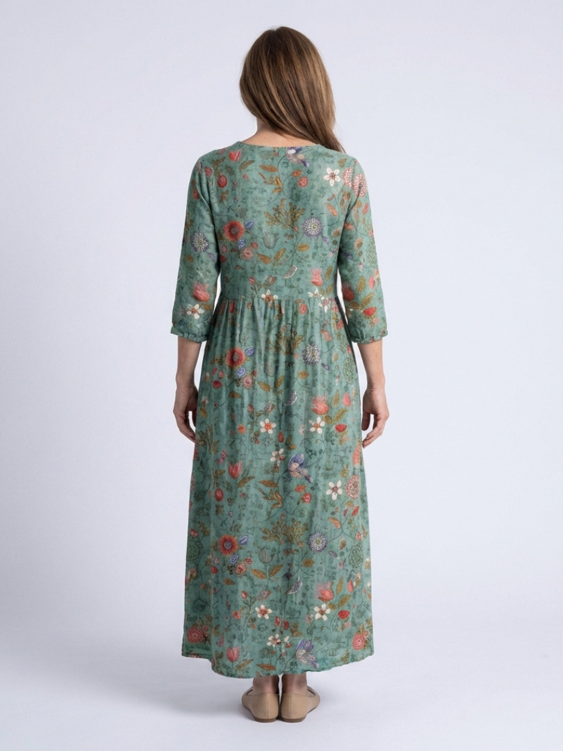 Marina | Rochie Maxi cu Mâneci Trei Sferturi și Decolteu în V cu Model Floral
