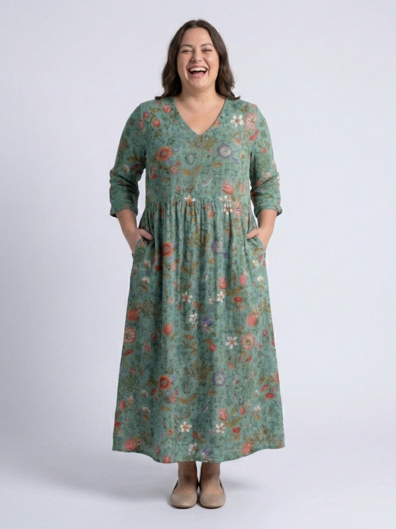 Marina | Rochie Maxi cu Mâneci Trei Sferturi și Decolteu în V cu Model Floral