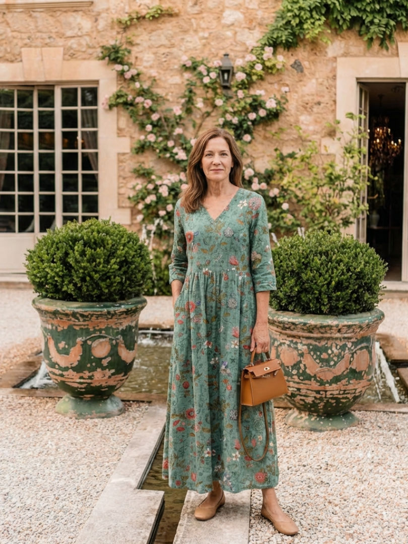 Marina | Rochie Maxi cu Mâneci Trei Sferturi și Decolteu în V cu Model Floral