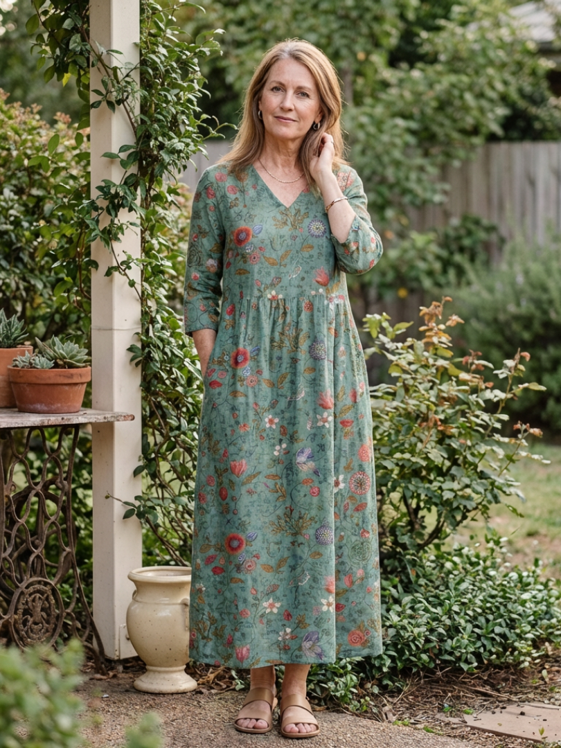 Marina | Rochie Maxi cu Mâneci Trei Sferturi și Decolteu în V cu Model Floral