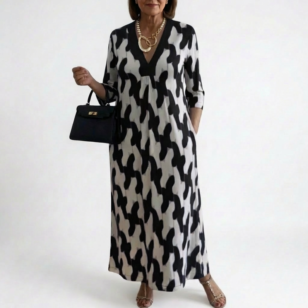 Liorenna Women's Dress | V-Neck + Printed Loose-Fit Long Dress