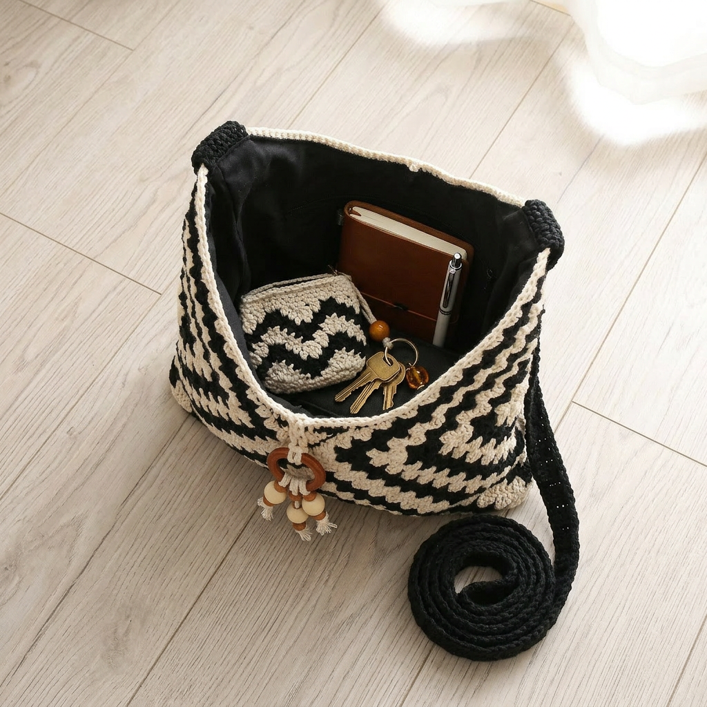 Boho - Geantă de umăr croșetată cu model Chevron
