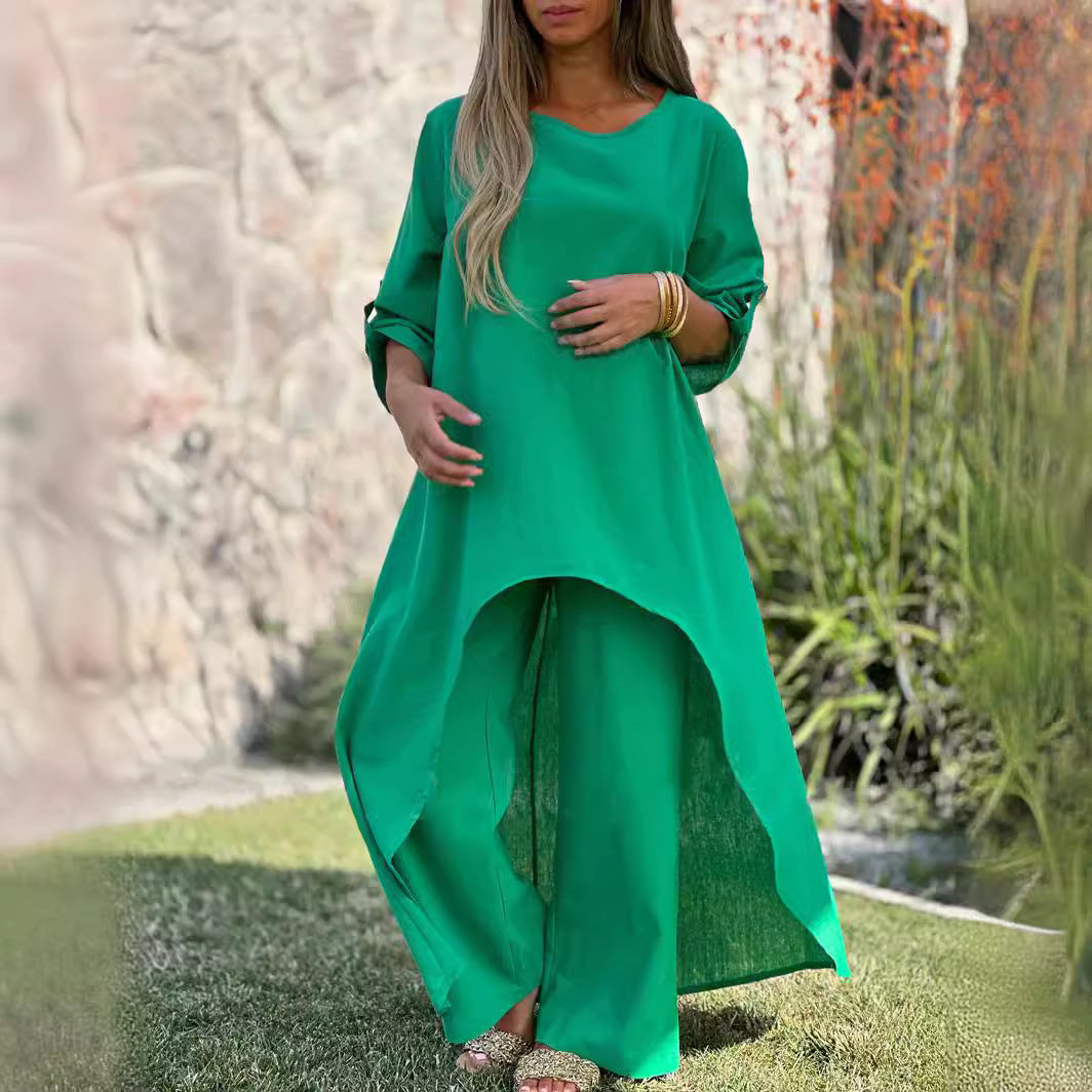 2025欧美春夏新品女装棉麻时尚休闲大码不规则长袖阔腿裤两件套装