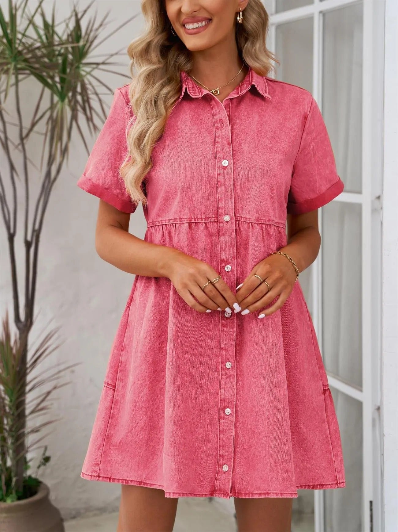 European And American Washed Denim Lapel Ruffled Dress