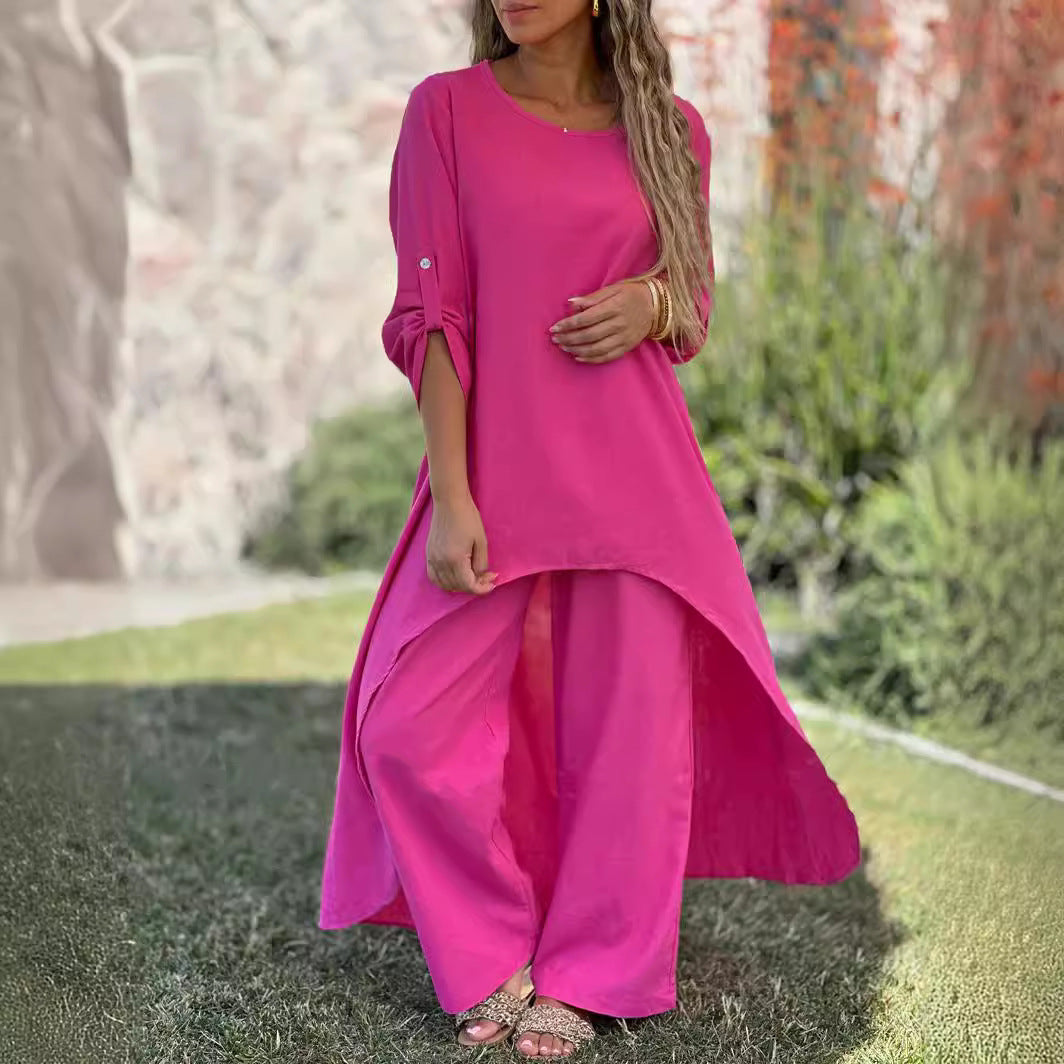 2025欧美春夏新品女装棉麻时尚休闲大码不规则长袖阔腿裤两件套装