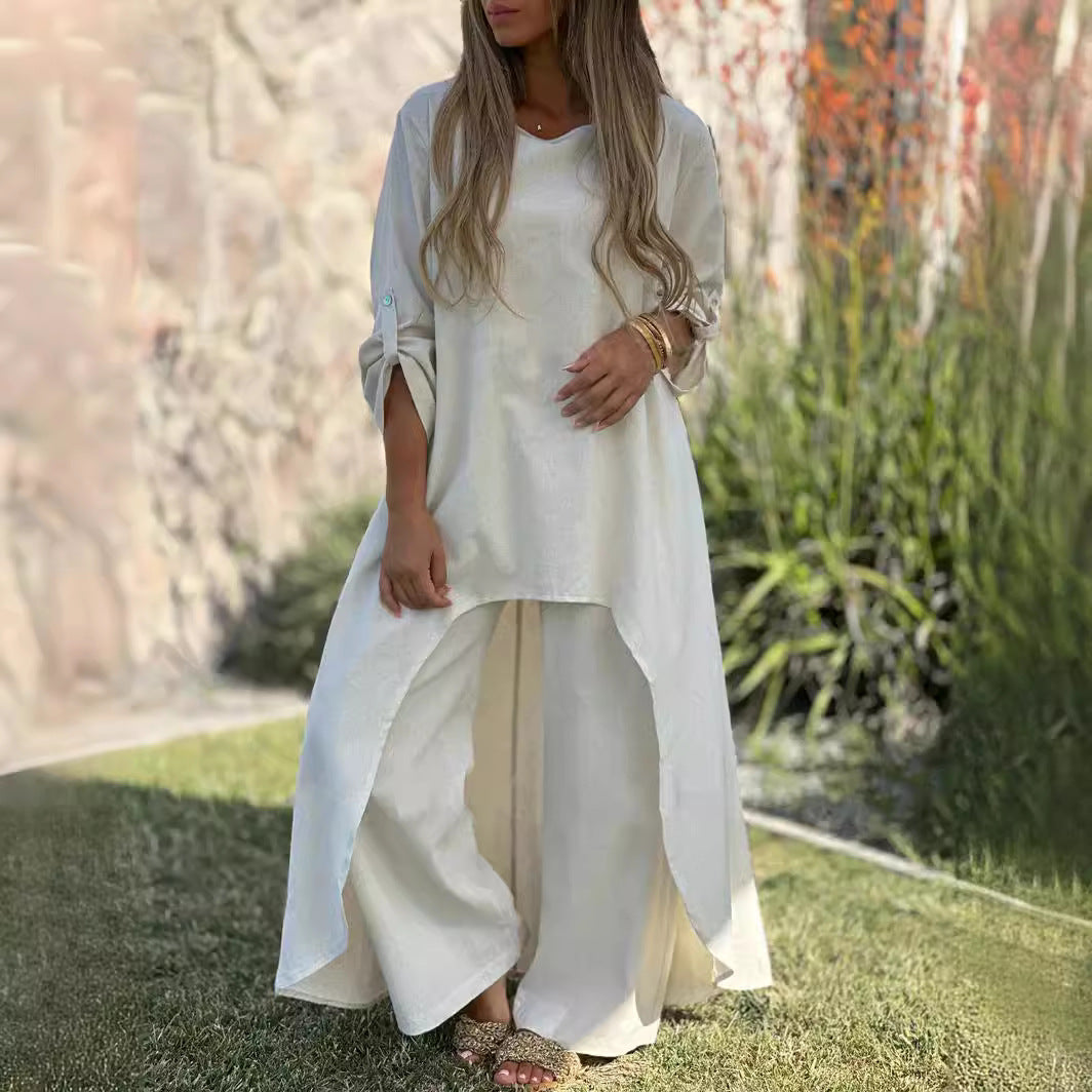 2025欧美春夏新品女装棉麻时尚休闲大码不规则长袖阔腿裤两件套装
