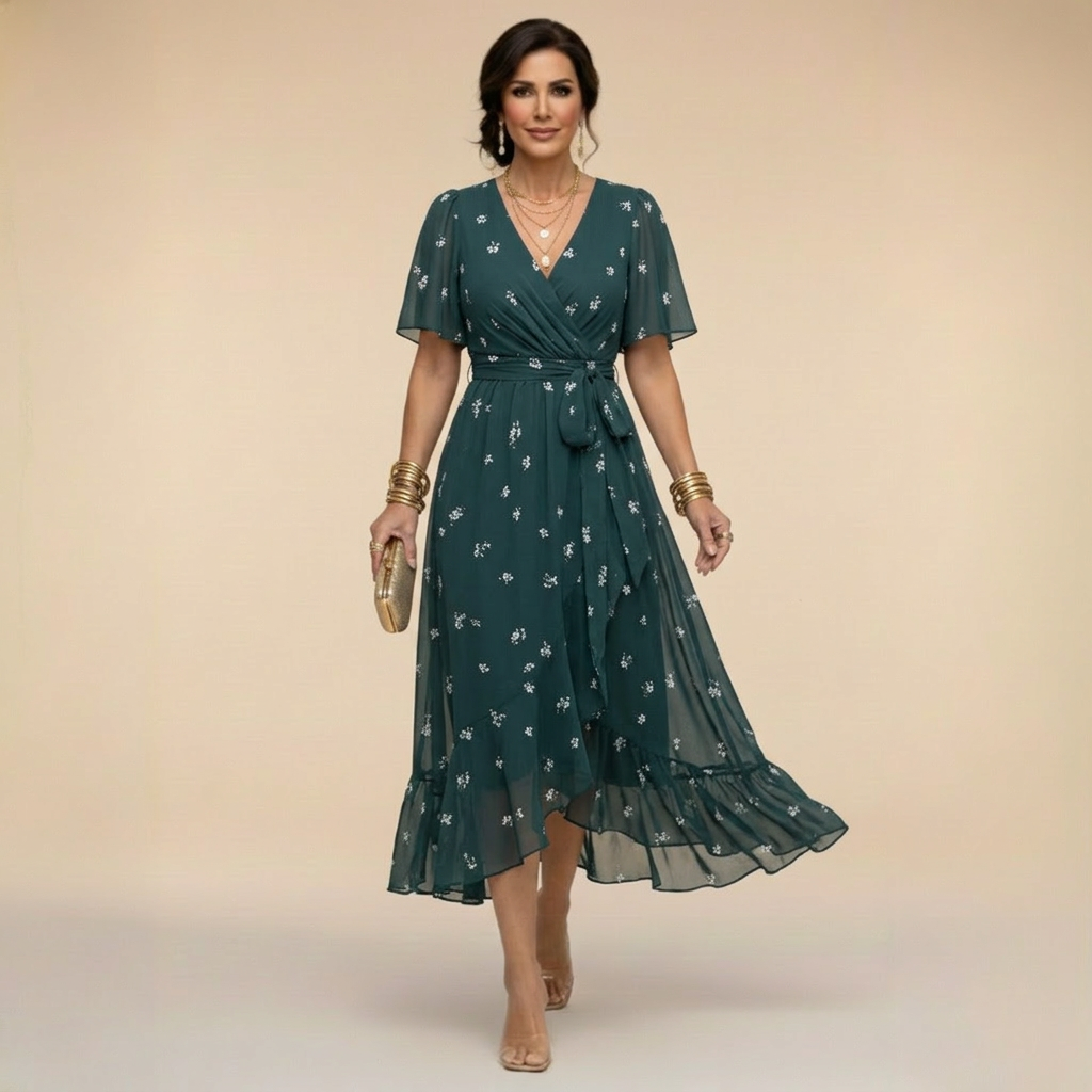 Aurora - Rochie Midi cu Fluturi Florali