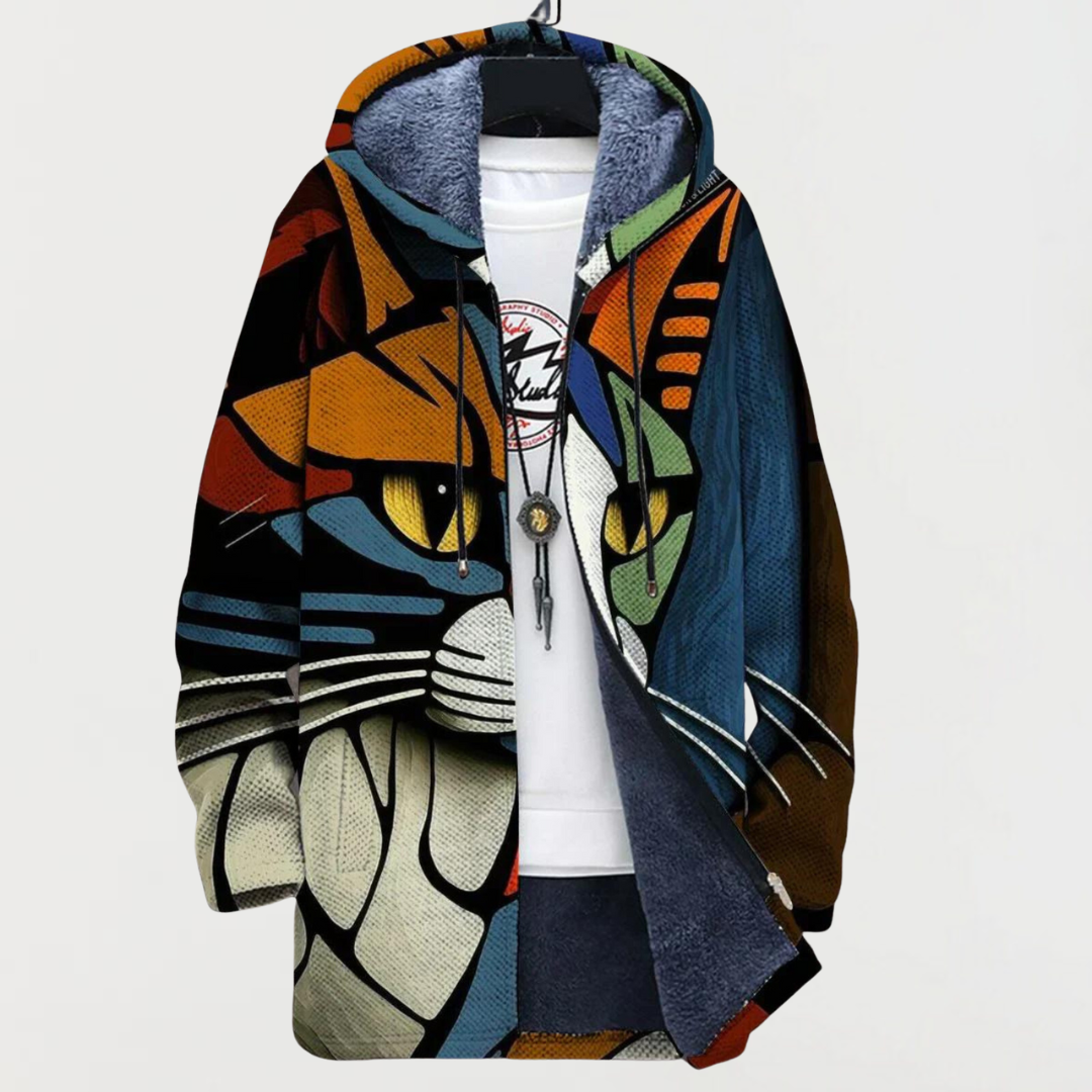Cardigan cu model abstract și față de pisică