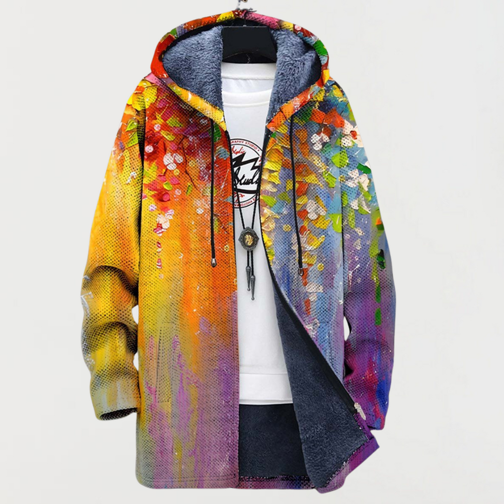Jachetă cu glugă și design artistic abstract