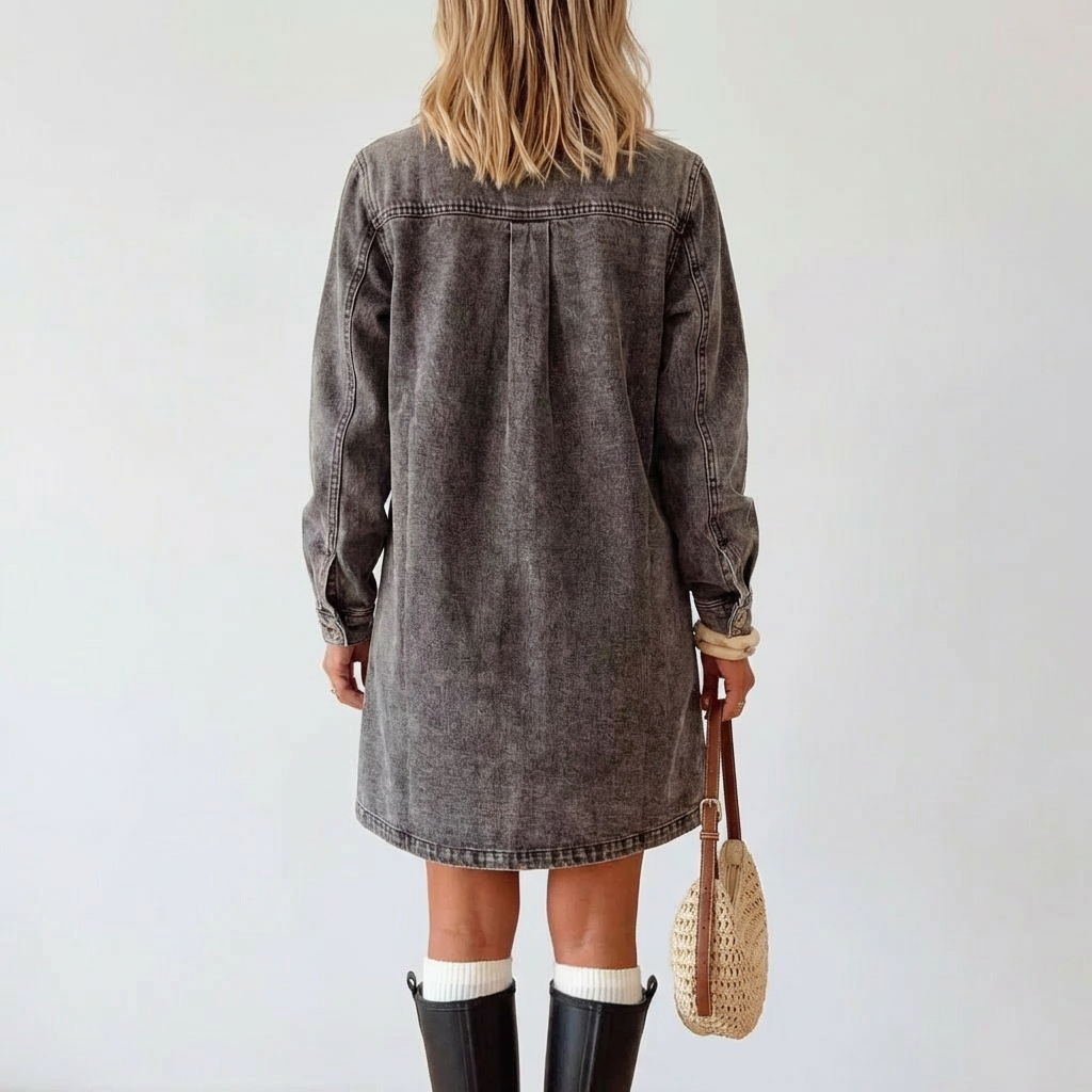 Lina - Leopard Print Denim Corduroy Shirt Dress