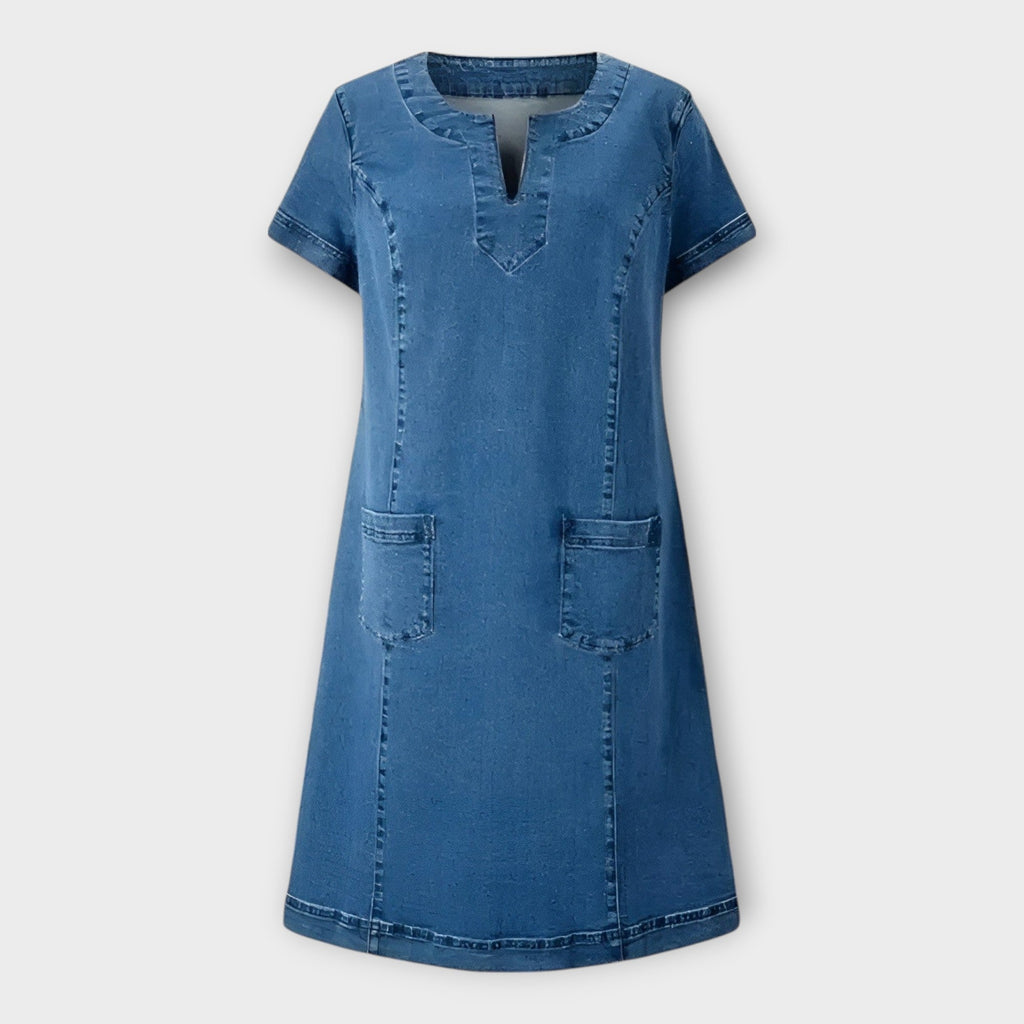 Rochie din denim cu buzunare și decolteu în V