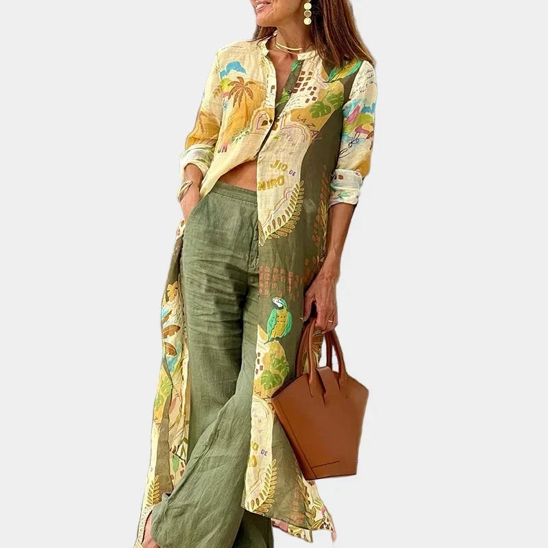 Set elegant cu cămașă lungă și pantaloni, simplitate modernă și ținută confortabilă