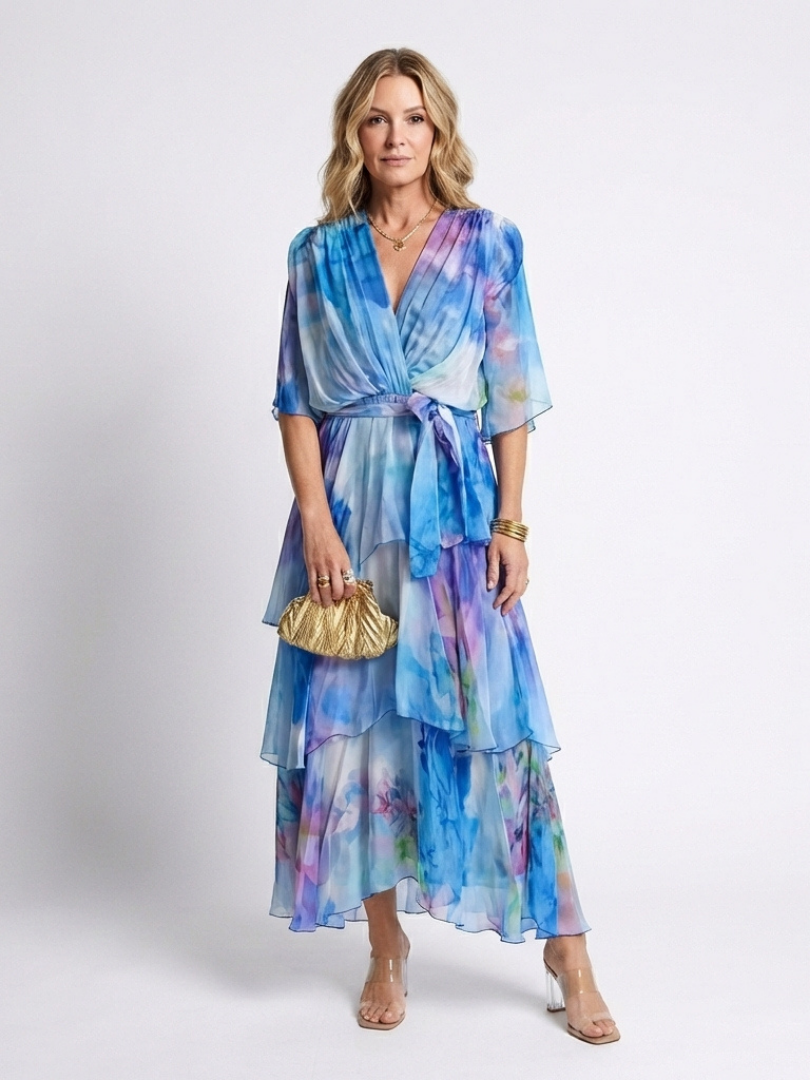 Calista | Rochie Maxi cu Decolteu în V și Talie Legată, cu Straturi